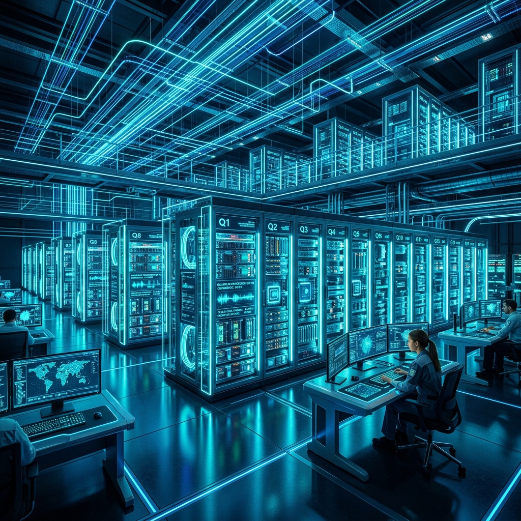 Futuristic cloud computing infrastructure with glowing quantum server racks, futuristic digital network lines, vibrant cyan and blue illumination, high tech workspace