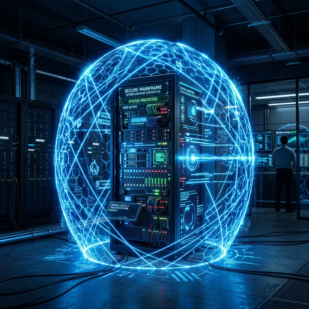 A high-tech digital shield made of light and blue laser grid surrounding a secure mainframe server rack in a dark modern data center, futuristic cyber defense technology, 8k resolution